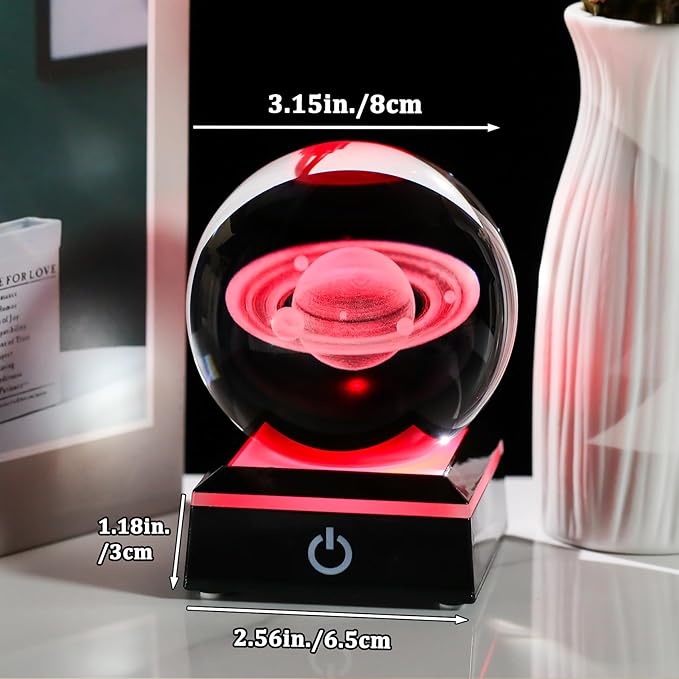 Arikyrist 3D Saturn Crystal Ball Figurine with LED Base, Laser Engraved Glass Planet Model Sphere Gifts for Home Office Decor, Saturn Planet Model Space Universe Gifts for Astronomy Lovers (80mm)
