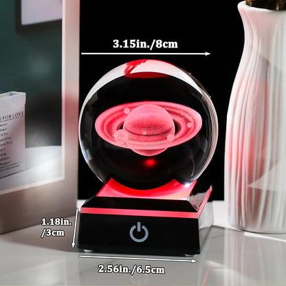 Arikyrist 3D Saturn Crystal Ball Figurine with LED Base, Laser Engraved Glass Planet Model Sphere Gifts for Home Office Decor, Saturn Planet Model Space Universe Gifts for Astronomy Lovers (80mm)