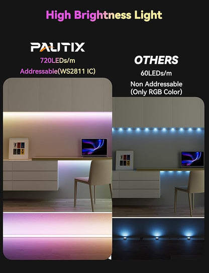 PAUTIX RGB Smart IC COB LED Strip Lights,Work with Alexa/Google Assistant,24ft/7.5m,720LEDs/m Addressable UL-Listed 24V Chasing Color Flexible Tape Light,for Cabinet,TV,Bedroom,Party DIY Decoration