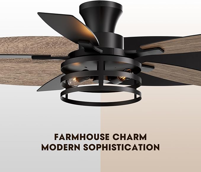 42 Inch Flush Mount Ceiling Fans with Lights and Remote Control, Farmhouse Ceiling Fan with LED Lighting for Bedroom Living Room and Patio, Black Caged Ceiling Fan for Indoor and Outdoor(NO Bulbs)