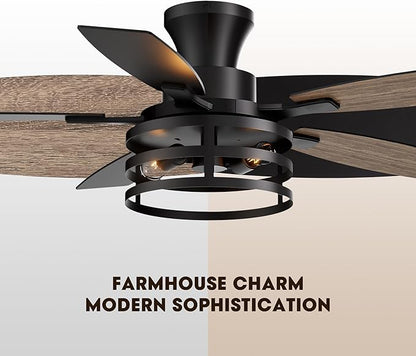 42 Inch Flush Mount Ceiling Fans with Lights and Remote Control, Farmhouse Ceiling Fan with LED Lighting for Bedroom Living Room and Patio, Black Caged Ceiling Fan for Indoor and Outdoor(NO Bulbs)