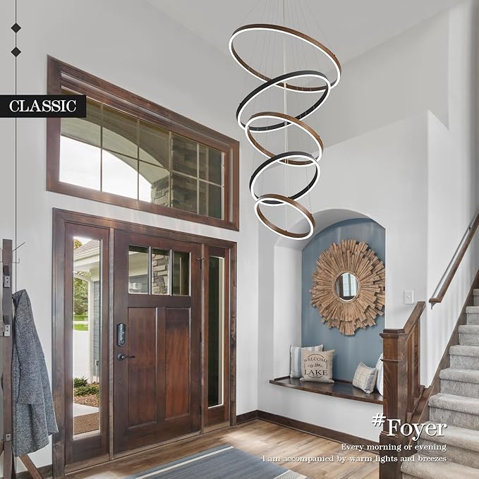 LED 5-Ring Chandelier for High Ceiling Foyer Chandelier with Remote Control Dimmable Circle Round Light Fixture Modern Wood & Black Ring Chandeliers for High Ceiling Living Room Entry, 100W