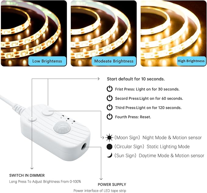 Motion Sensor LED Light Strip, Ultra Warm Yellow 2200K Strip Light USB Powered 16.4ft, Day/Night Modes & Dimming Brightness, Adhesive Tape 5V Free Cutting Rope Lights for Decor