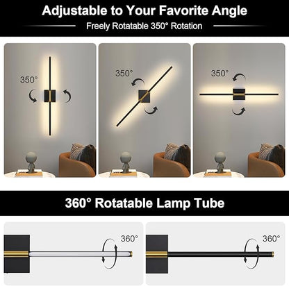Wall Sconces Set of Two with Remote Control 29.1 in Dimmable Black Gold Battery Operated Wall Lights 350° Ratation 3000K-6000K LED Wireless Rechargeable Sconce for Bathroom Living Room Bedroom