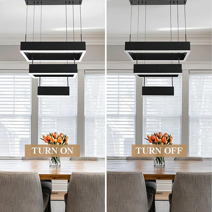 O'NEELDY Modern Chandelier 58W LED Black Pendant Light Embedded Mount Square Rings LED Chandeliers Dining Room Light Fixtures for Kitchen Bedroom, 6000K
