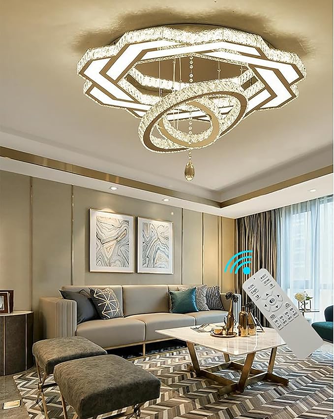 Flashing God 32in Crystal Ring Chandeliers for Living Room Flush Mount Ceiling Light for Bedroom Dining Room Hallway Dimmable LED 3 Rings Pendant Lighting
