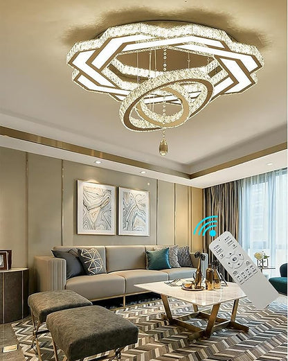 Flashing God 32in Crystal Ring Chandeliers for Living Room Flush Mount Ceiling Light for Bedroom Dining Room Hallway Dimmable LED 3 Rings Pendant Lighting