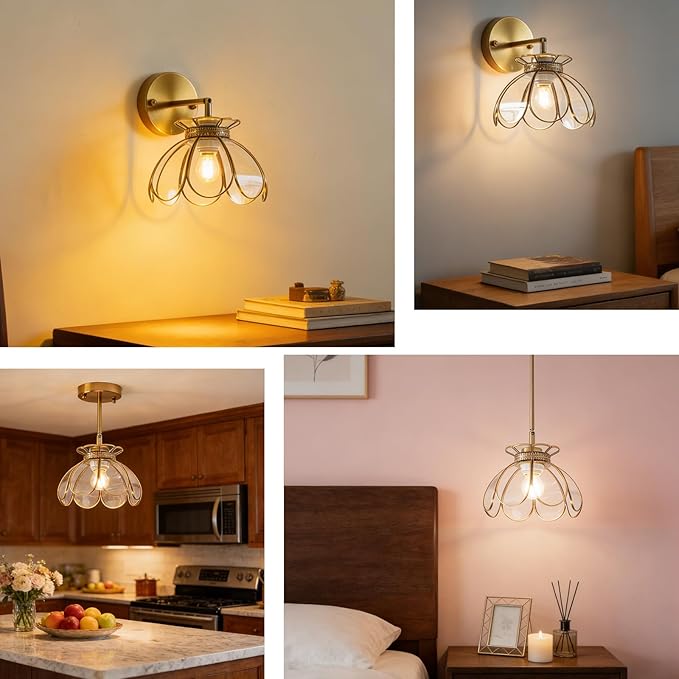 Vintage Brass Ceiling Pendant Light with Stained Lotus Flower Clear Glass Shade, Oriental Hanging Lamp or Wall Sconces Dual-Purpose, for Kitchen Island Dining Room Bedroom Living Room-7.9" Shade