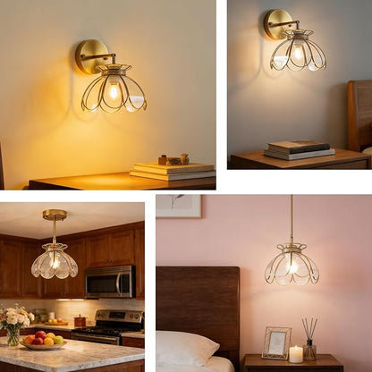 Vintage Brass Ceiling Pendant Light with Stained Lotus Flower Clear Glass Shade, Oriental Hanging Lamp or Wall Sconces Dual-Purpose, for Kitchen Island Dining Room Bedroom Living Room-7.9" Shade