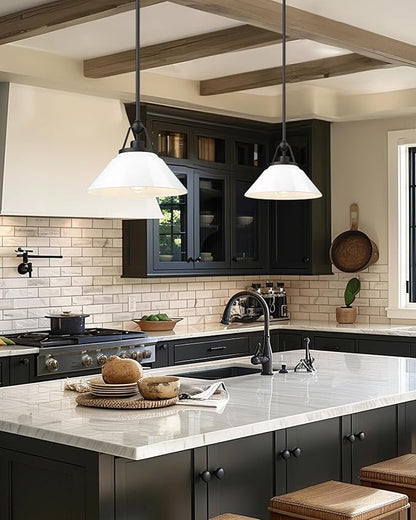 White Pendant Light Fixture, HWH Modern Kitchen Island Light Fixtures 12 Inch, 1-Light Hanging Lighting for Dinning Room Schoolhouse, Black Metal and White Opal Glass Shade, 5HYS89MIL-G BK