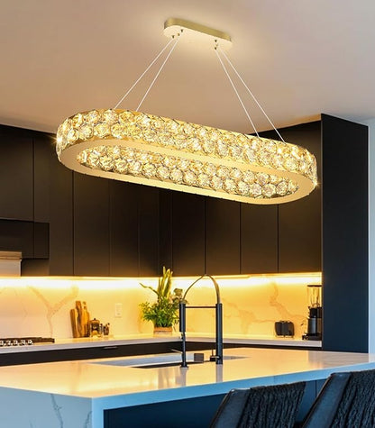 32'' Modern Oval Chandelier Crystal Chandeliers for Dining Room Round Ceiling Light Fixture for Living Room Lighting LED Dimmable with Remote Ring Lights Gold