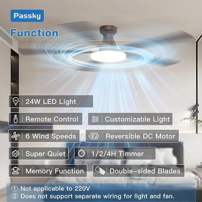 Passky Ceiling Fans with Lights, 60 inch Flush Mount Ceiling fan with Remote Control, Low Profile Ceiling Fan for Bedroom, Farmhouse, Reversible, 3CCT, Dimmable, Noiseless DC Motor, Brown