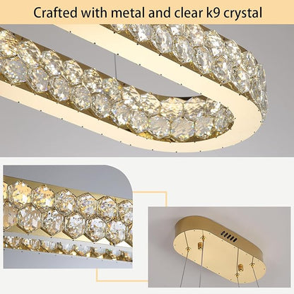 32'' Modern Oval Chandelier Crystal Chandeliers for Dining Room Round Ceiling Light Fixture for Living Room Lighting LED Dimmable with Remote Ring Lights Gold