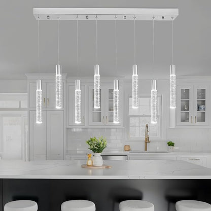 8 Light Pendant Lights Kitchen Island, Modern Chrome Crystal Pendants with Dimmable 3000K-6000K LED Ceiling Hanging Light Fixture for Dining Room Bedroom, Adjustable Height 78"