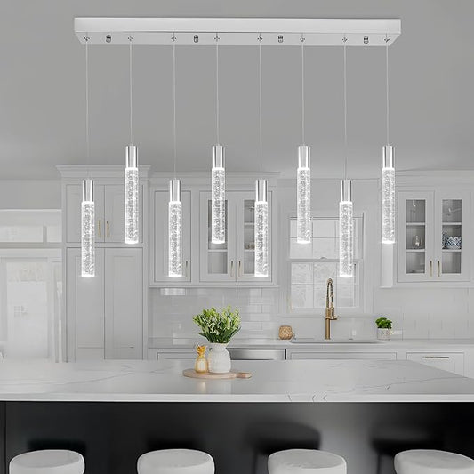 8 Light Pendant Lights Kitchen Island, Modern Chrome Crystal Pendants with Dimmable 3000K-6000K LED Ceiling Hanging Light Fixture for Dining Room Bedroom, Adjustable Height 78"