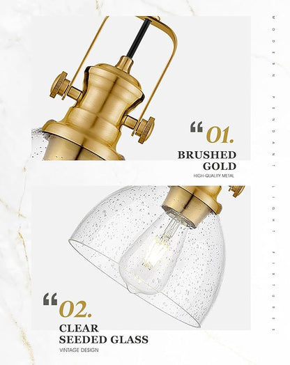 Pendant Lights Kitchen Island, 7.5" Farmhouse Pendant Lighting with Clear Seeded Glass Shade, Vintage Hanging Light Fixtures for Dining Room, Brushed Gold, AD-22151-1P-GD