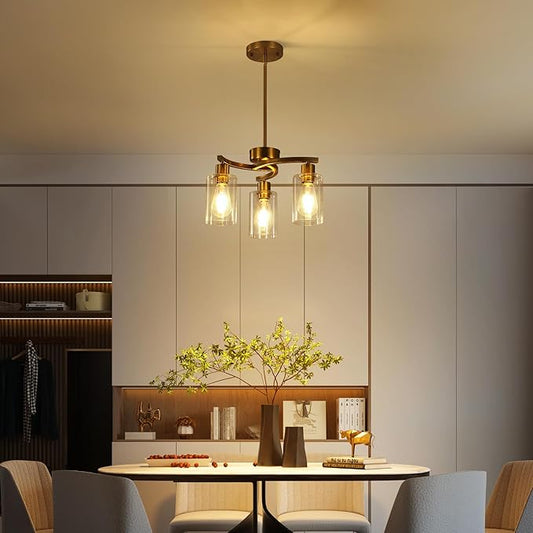 CNRATYE 3-Light Gold Dining Room Chandeliers Over Table, Contemporary Kitchen Island Pendant Lighting, Industrial Hanging Light Fixture for Entryway Hallway Foyer Bedroom, Clear Glass Shade