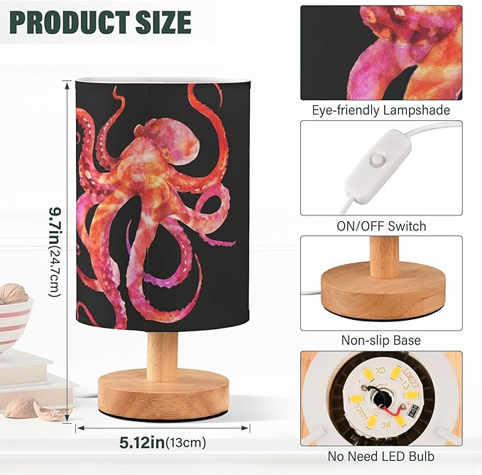 Watercolor Red Pink Octopus with Tentacle Marine Animal Sea Life Table Lamp with Wood Base Fabric Lamp Shade Bedside Nightstand Desk Lamp for Living Room Bedroom Kids Room Office