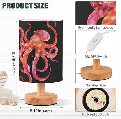 Watercolor Red Pink Octopus with Tentacle Marine Animal Sea Life Table Lamp with Wood Base Fabric Lamp Shade Bedside Nightstand Desk Lamp for Living Room Bedroom Kids Room Office