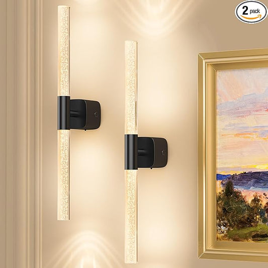 Battery Operated Wall Sconce Set of 2 Black Rechargeable Acrylic Crystal Sconce Wall Decor Set of 2 with 12000mAh CCT Dimmable 350° Rotate Remote Wireless Wall Light for Bedroom Living Room