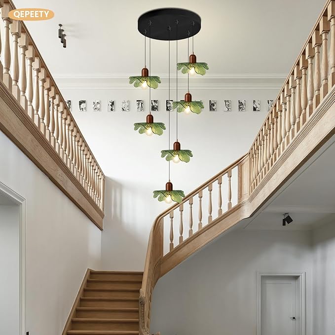 Long Chandelier for High Ceilings Flower Pendant Light 6-Lights Modern Black Chandelier Green Hanging Flush Mount Lighting Fixtures for Spiral Staircase Foyer Entryway Living