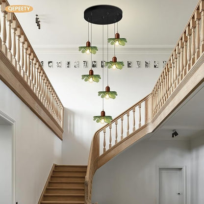 Long Chandelier for High Ceilings Flower Pendant Light 6-Lights Modern Black Chandelier Green Hanging Flush Mount Lighting Fixtures for Spiral Staircase Foyer Entryway Living