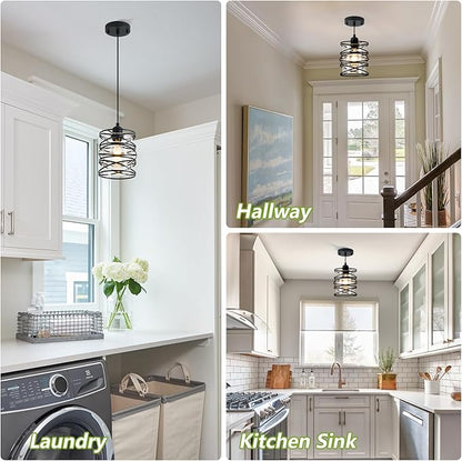 1-Pack Pendant Light Fixtures 6.3Inch Black Spiral Kitchen Island Light Modern Metal Cage Handblown Seeded Glass Ceiling Hanging Light Adjustable Cord for Dining Room Foyer Hallway, E26