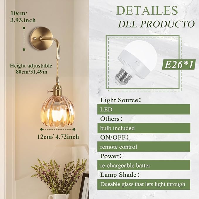 Vintage Wall Sconce, Battery Operated Wall Sconce with Amber Tulip Glass Lampshade, Indoor not Hardwired Wall Sconces with Remote, Rechargeable Vintage Wall Lamp, for Bedroom Living Room