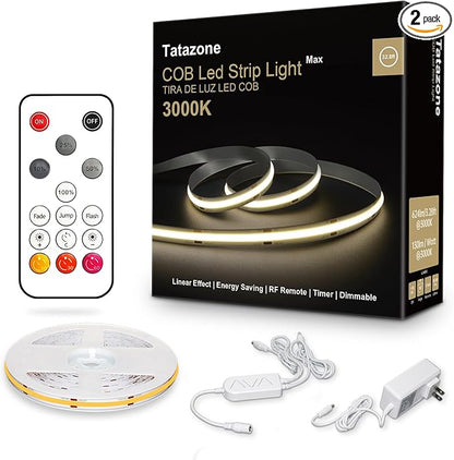 Tatazone 32.8ft 3000K Bright COB LED Strip Light, Dimmable, CRI93+, Warm White, Indoor, RF Remote, Adhesive, for Living Room, Shelf, Cabinet, Kitchen