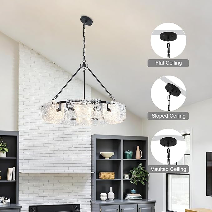 26.5" Black Glass Chandeliers for Dining Room,12-Light Large Modern Textured Glass Drum Chandelier, Crystal Round Hanging Light Fixture Over Table for Living Room Hallway Bedroom Kitchen,E12