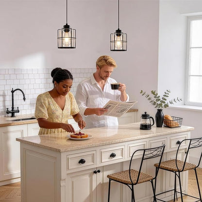 Industrial Black Pendant Lights Kitchen Island, Glass Island Pendant Lights Set of 2, Small Ceiling Kitchen Island Lights with Adjustable Cord, Farmhouse Hanging Light for Hallway Bathroom