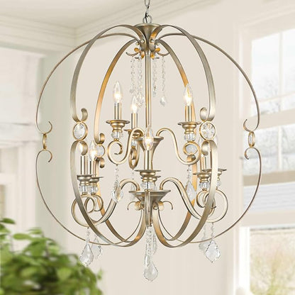 Farmhouse Crystal Chandeliers for Dining Room Light Fixture,2 Tier 9 Light 30 Inch Antique Silver Sphere Bronze Chandelier for Living and Dining Areas,Living Room,Staircases,Entryways