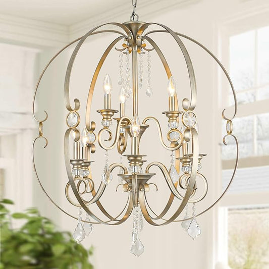 Farmhouse Crystal Chandeliers for Dining Room Light Fixture,2 Tier 9 Light 30 Inch Antique Silver Sphere Bronze Chandelier for Living and Dining Areas,Living Room,Staircases,Entryways