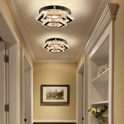 Modern Crystal Chandelier LED Flush Mount Ceiling Light Hexagonal Pendant Lamp Fixture 3 Color Changing Ceiling Light for Bedroom Hallway Bar Living Room Bathroom