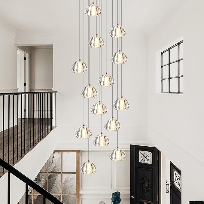Modern Crystal Chandelier 14-Lights High Ceiling Raindrop Chandelier Lighting Fixture, Large LED Round Indoor Lighting Fixture Black for Foyer Staircase Living Room