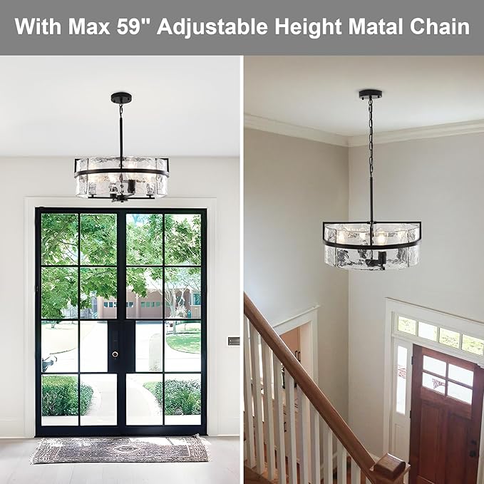Black Drum Chandelier,19.7" Modern Water Ripple Glass Chandeliers Over Table 4-Light Large Round Hanging Pendant Light Fixtures for Dining Room Living Room Foyer Bedroom Kitchen Island,E26