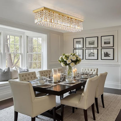 Modern Crystal Chandeliers for Dining Room Light Fixture, 8-Light Gold Rectangle Chandelier Ceiling Light for Kitchen Island Living Room, L39.4 Inch