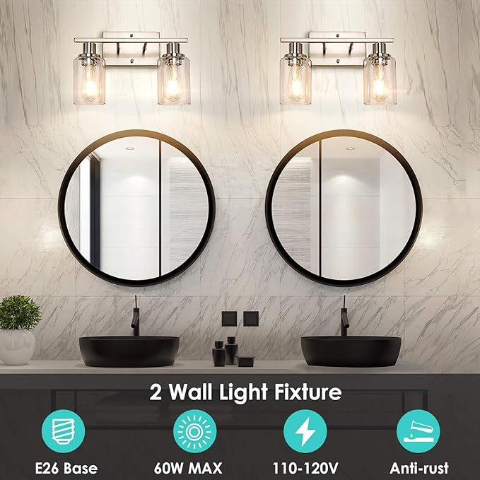 ShineTech 2-Light Bathroom Vanity Light Fixture, Brushed Nickel Bathroom Light Fixtures Over Mirror, Modern Wall Mounted Bathroom Lighting with Clear Glass Shade for Bathroom, Bedroom, Hallway