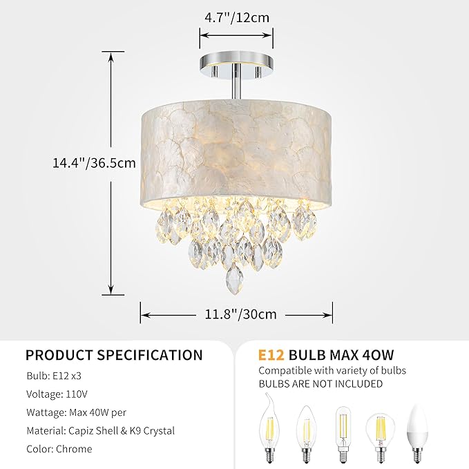 3-Light Capiz Shell Crystal Drum Ceiling Light, Coastal Style Close to Ceiling Light Fixture for Dining Room, Living Room & Bedroom, D12 * H14 inch, Shell Lampshade & Chrome Finish