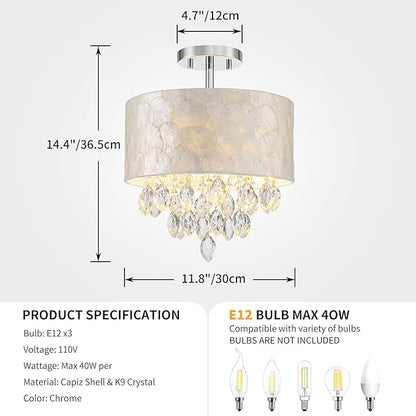 3-Light Capiz Shell Crystal Drum Ceiling Light, Coastal Style Close to Ceiling Light Fixture for Dining Room, Living Room & Bedroom, D12 * H14 inch, Shell Lampshade & Chrome Finish