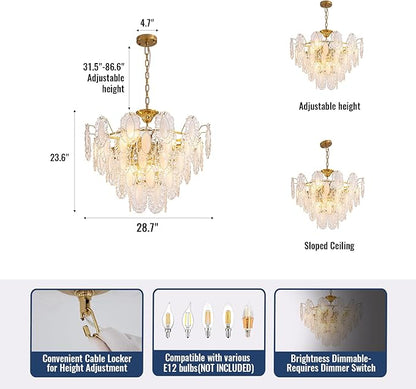 5-Tier Foyer Chandelier, 12-Light Vintage Glass Chandelier for Dining Room with Glass Leaf & Brass Finish, Dimmable Vintage Pendant Lighting for Kitchen Island Living Room Entryway, 28.74"xH23.62"