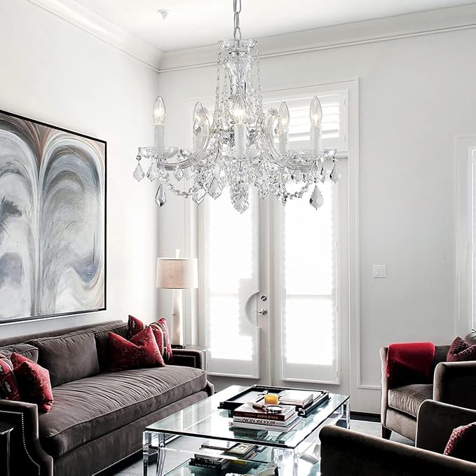 AGV LIGHTING CH001S Modern K9 Crystal Chandelier, Maria Theresa Style Light Fixture, 5-Lights, D20 x H18, Adjustable Chain 59", Chrome Finish Frame