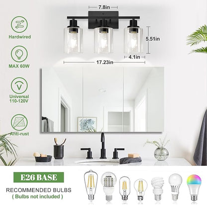MOKATNG 3-Light Bathroom Light Fixtures, Vanity Light with Clear Glass Shades, Matte Black Bathroom Light Fixtures Over Mirror, Modern Bathroom Wall Lamp for Mirror Living Room Cabinet Bedroom
