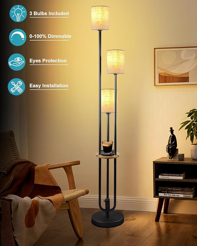 63IN Dimmable Floor Lamp with Shelf, Unique Black Tall Standing Lamps with Table, 3000K Warmwhite Mid Century Modern Floor Lamp with 5Lbs Heavy Base for Living Room/Bedroom (Bulbs Included)