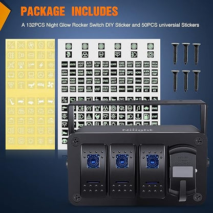Nilight 3 Gang Rocker Switch Panel Blue Backlit with PD Type C and USB Charger Voltmeter Waterproof 12V 24V DC Rocker Switch with Night Glow Stickers for Car Trucks Boats RVs,2 Years Warranty,Blue/Box