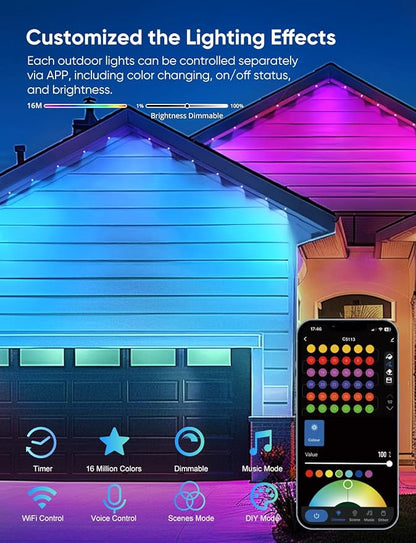 Permanent Outdoor Lights 100ft,RGBW Eaves Light with 72 LED Lights,111+ Scenes Modes Outdoor Lighting, Waterproof Permanent Light for Daily Holiday Halloween Decorations, Compatible with Alexa,White