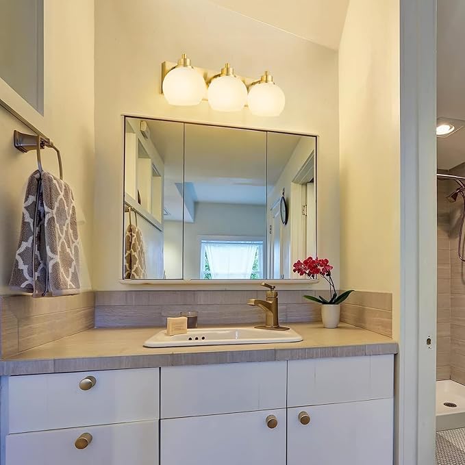 Tuscarora Bathroom Light Fixtures Gold Vanity Light 3 Light Wall Sconces Lighting Brushed Brass Bathroom Lights Bath Wall Lights Wall Lamp for Mirror Kitchen (Brushed Gold & Milk Glass)