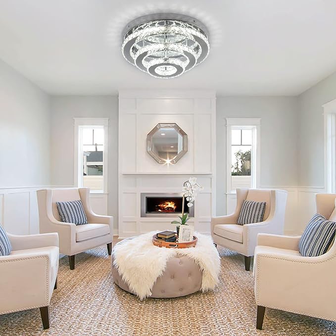 Modern Crystal Chandelier LED 3 Tier Crystal Ceiling Lights Flush Mount Round Chandeliers for Bedrooms Dining Room Living Room,Dia 13.8",Cool White,42 W
