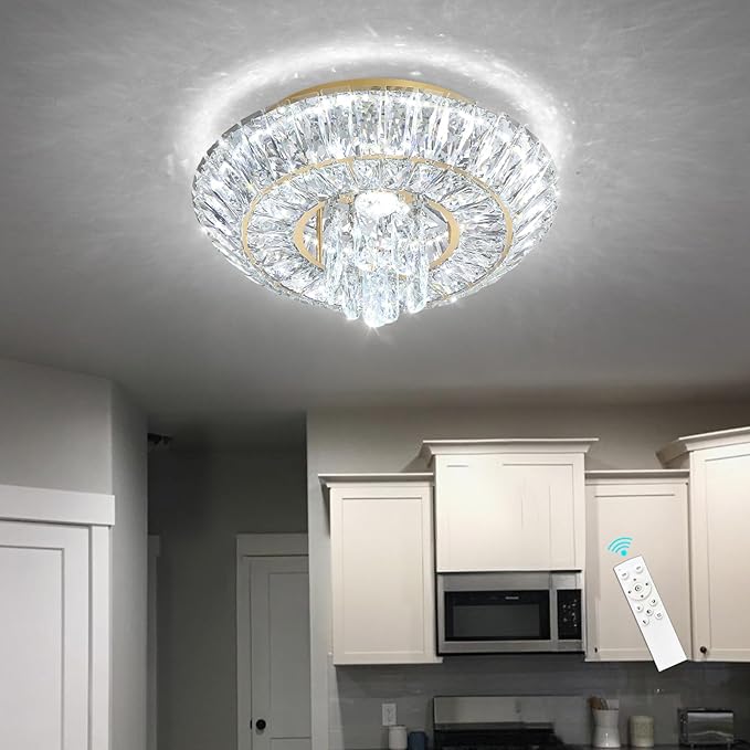 Crystal Chandelier Modern Round Ceiling Light Fixture LED Raindrop Chandeliers Dimmable with Remote for Dining Room Living Room Entryway Hallway Bedroom Gold