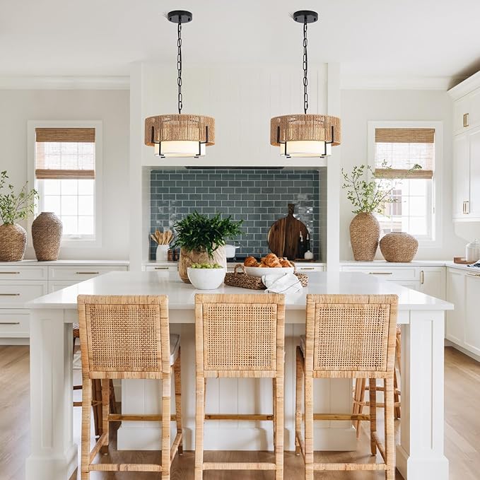 12.6" Rattan Pendant Light, Boho Chandelier Light Fixture with Fabric Shade, Farmhouse Rattan Hanging Ceiling Lighting Fixture for Dining Room, Living Room, Kitchen Island, Bedroom, Hallway, Foyer